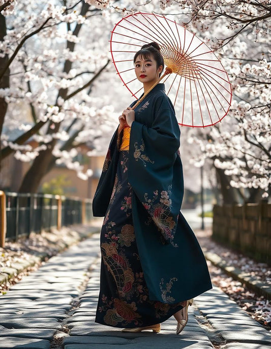 Woman in traditional Japanese Kimono Dressing Robe holding a parasol, standing on a stone path lined with cherry blossom trees in full bloom.