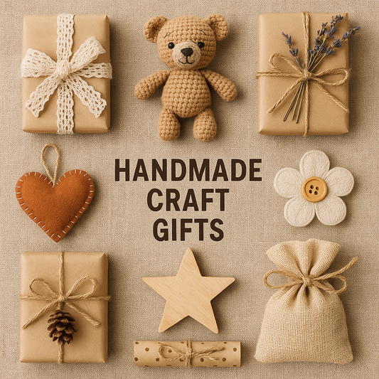 Handmade gift items including wrapped presents, teddy bear, felt flower, and fabric pouch on linen background.