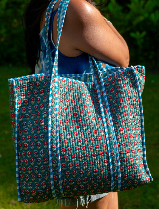 Reversible Quilted Cotton Tote Bag | Handmade Rajasthani Block Print