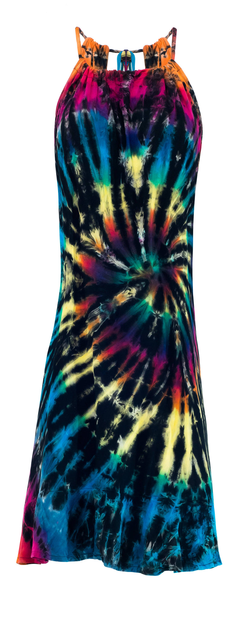 Tie Dye Halter Neck Mini Dress Pom Pom Bow tie details - CCCollections