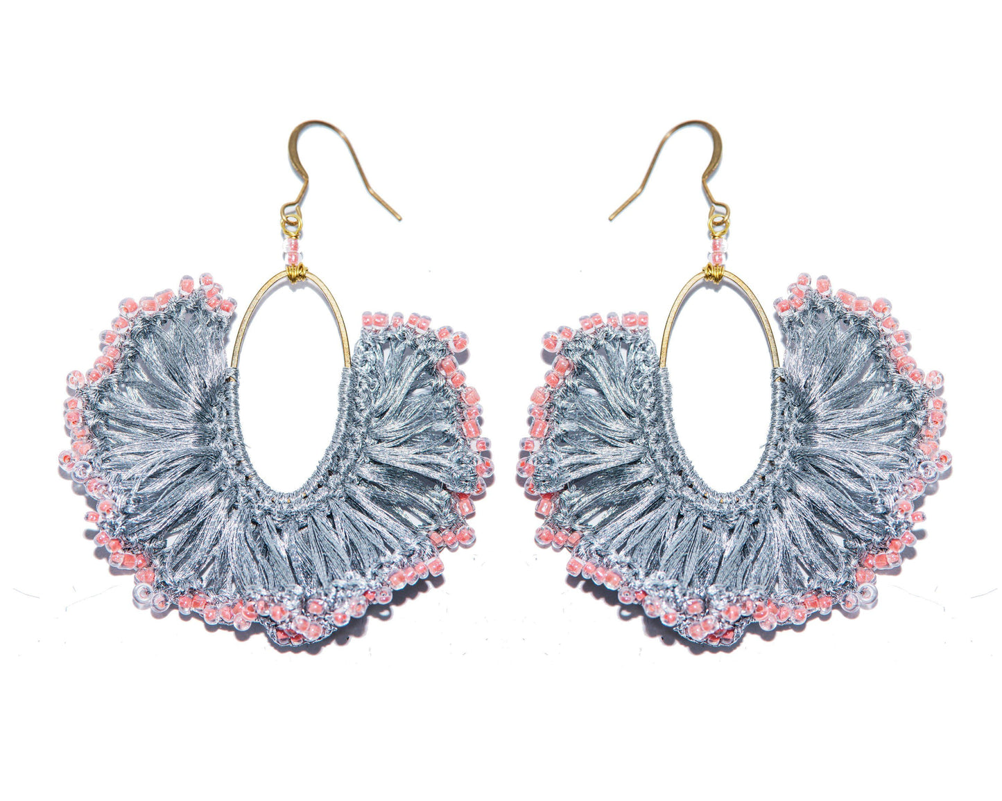 Handmade Earring Metallic Yarn Oval Shape with Bead - CCCollections
