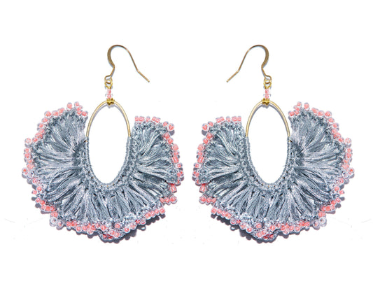 Handmade Earring Metallic Yarn Oval Shape with Bead - CCCollections