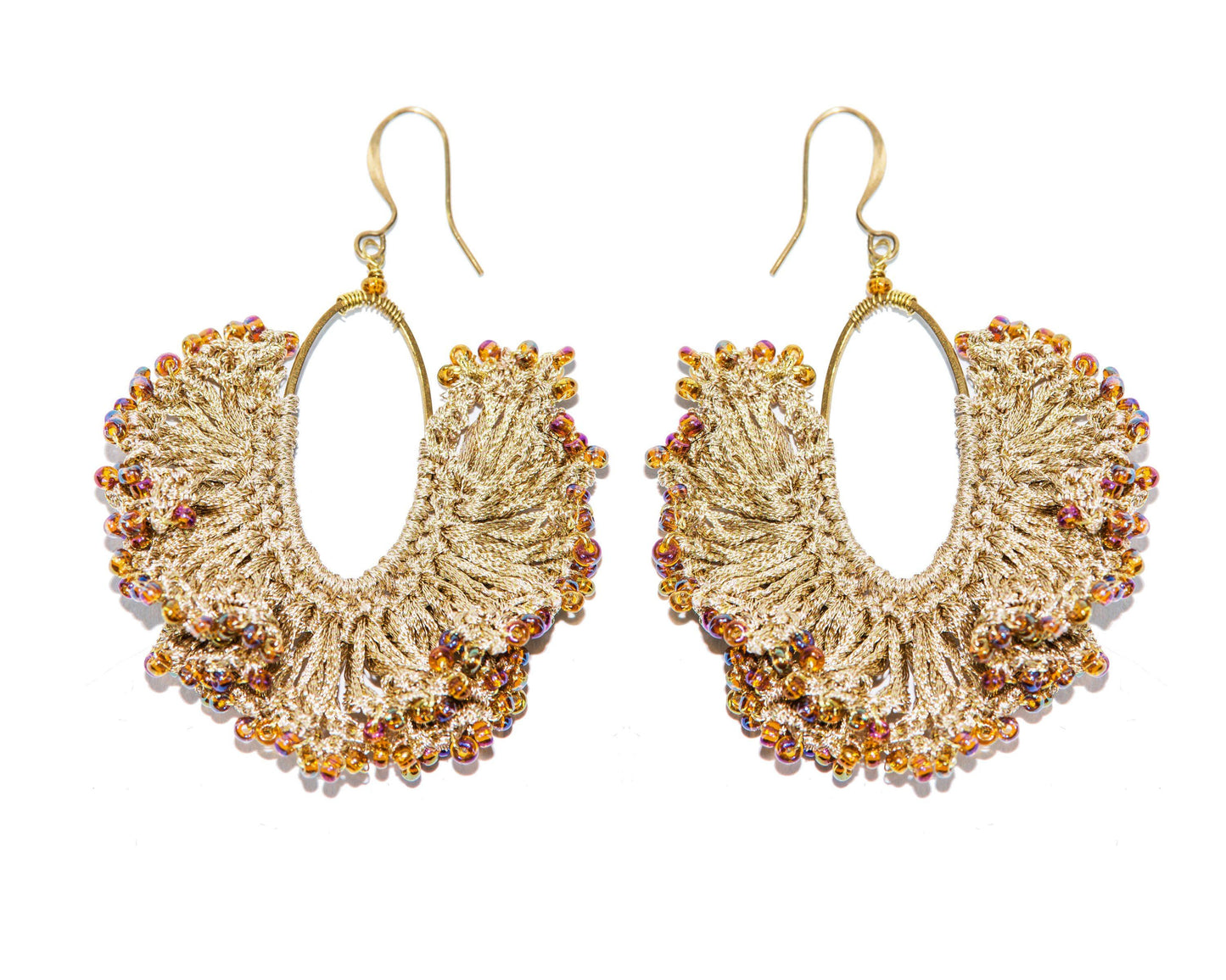 Handmade Earring Metallic Yarn Oval Shape with Bead - CCCollections