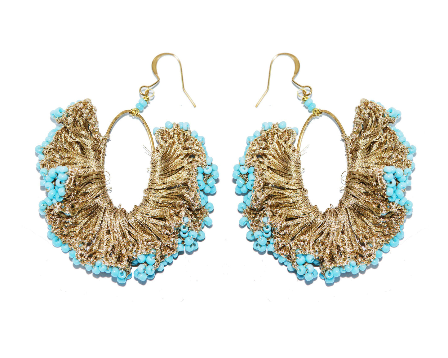 Handmade Earring Metallic Yarn Oval Shape with Bead - CCCollections