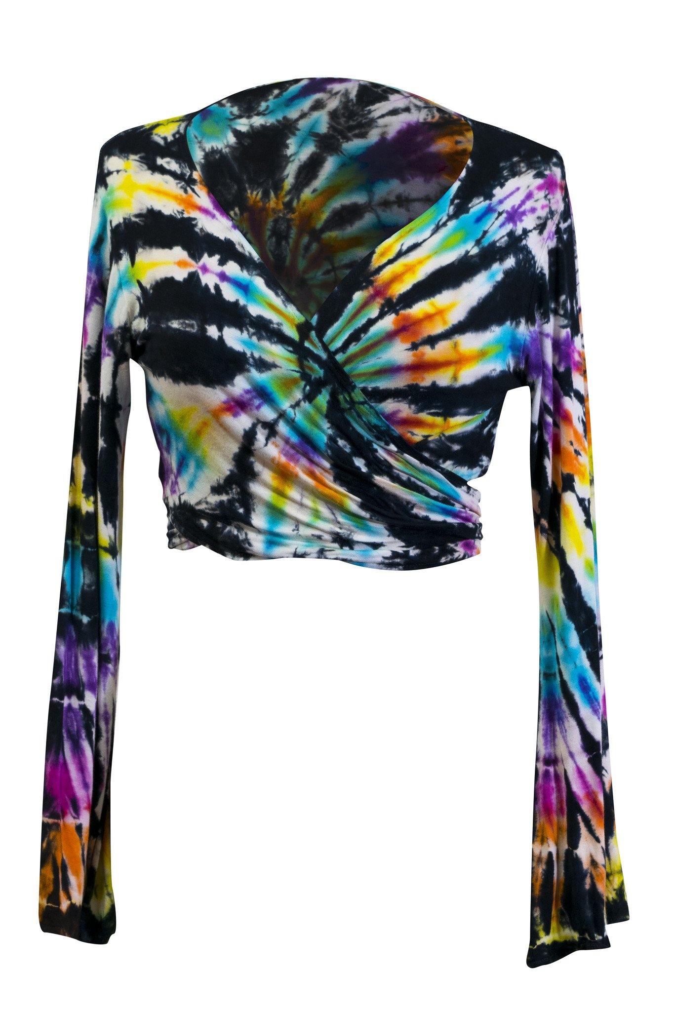 Tie Dye Crop Top Wrap Colourful Long Flare Sleeve Front Back Tied Cropped Top - CCCollections