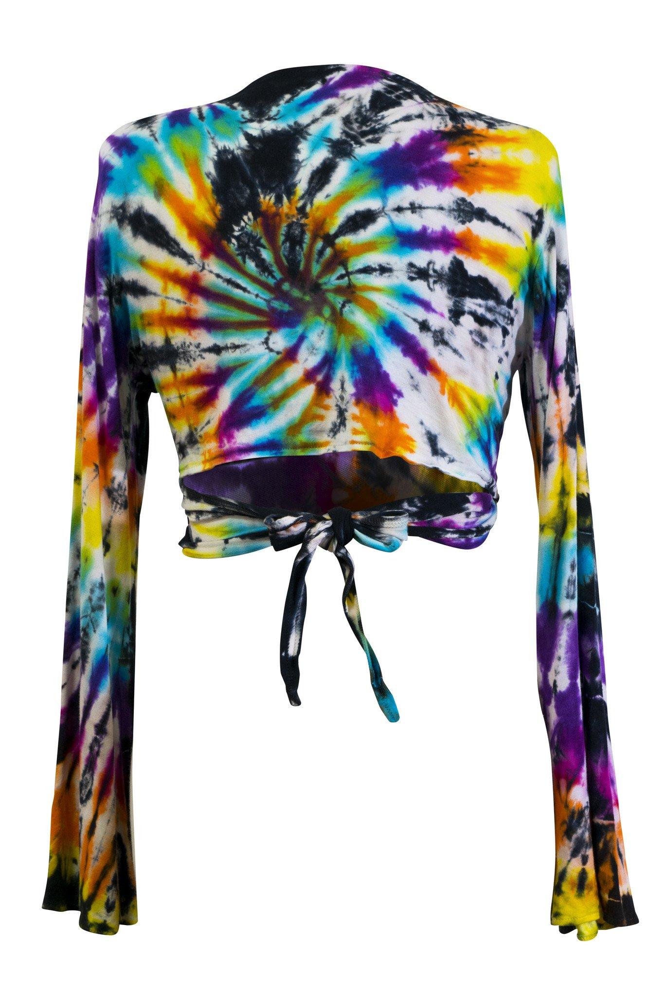 Tie Dye Crop Top Wrap Colourful Long Flare Sleeve Front Back Tied Cropped Top - CCCollections