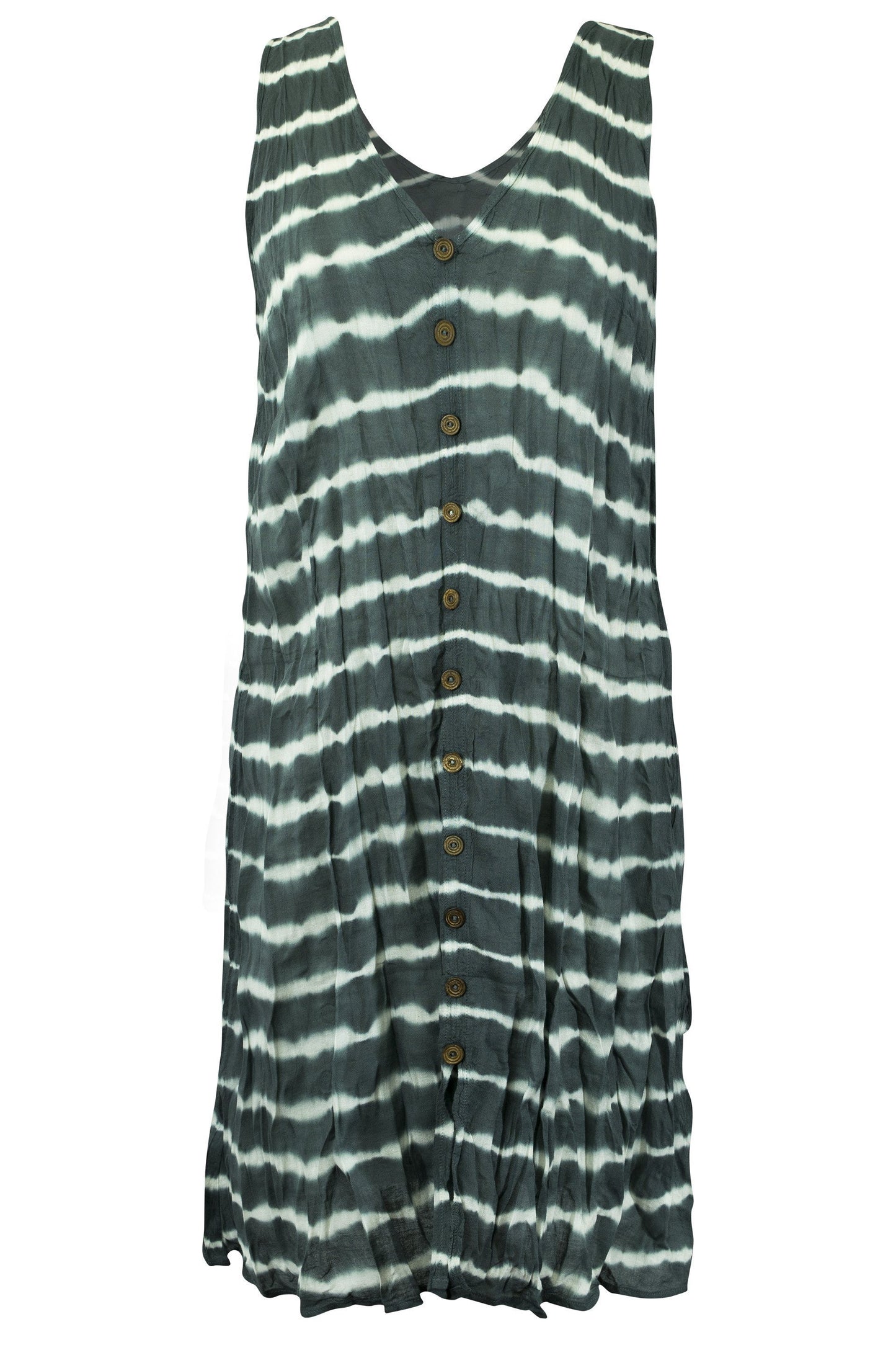 Cotton Sleeveless Tunic Dress Wood Button Stripe Tie Dye - CCCollections