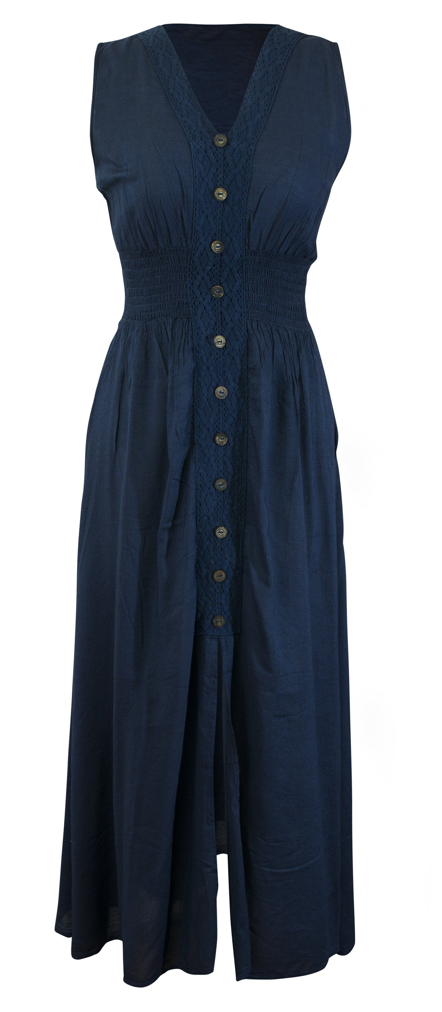 Cotton Maxi Dress Smocked Waist V Neck Wood Button - CCCollections