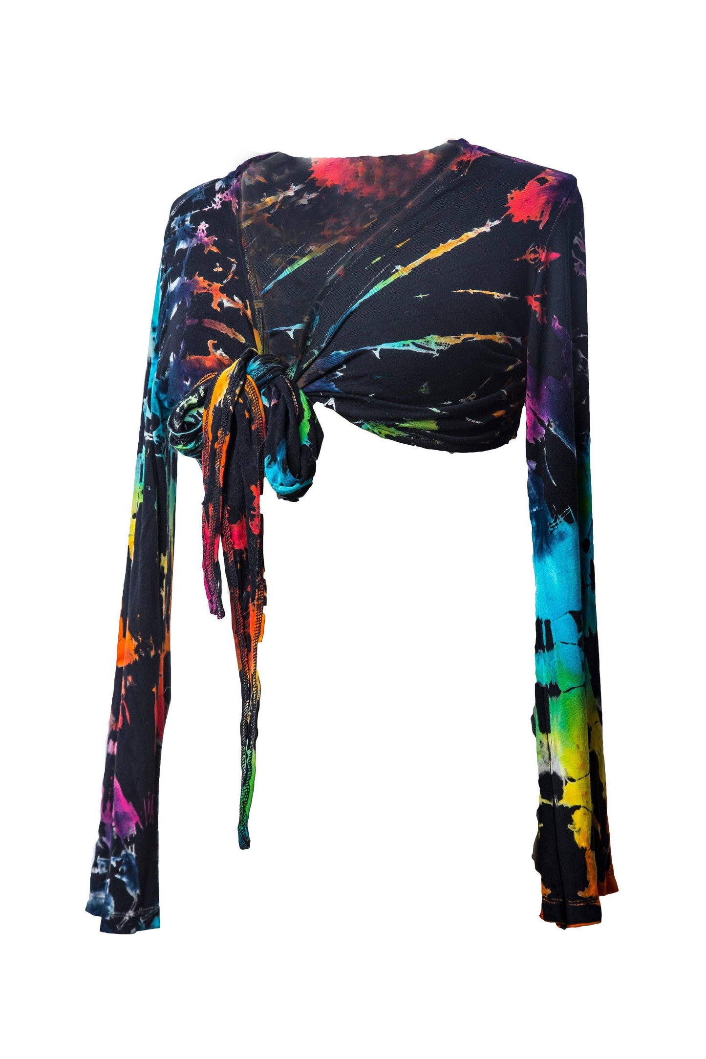 Tie Dye Crop Top Wrap Colourful Long Flare Sleeve Front Back Tied Cropped Top - CCCollections