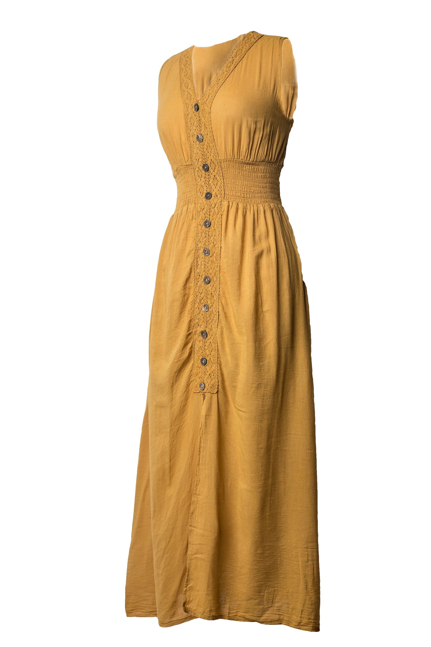 Cotton Maxi Dress Smocked Waist V Neck Wood Button - CCCollections