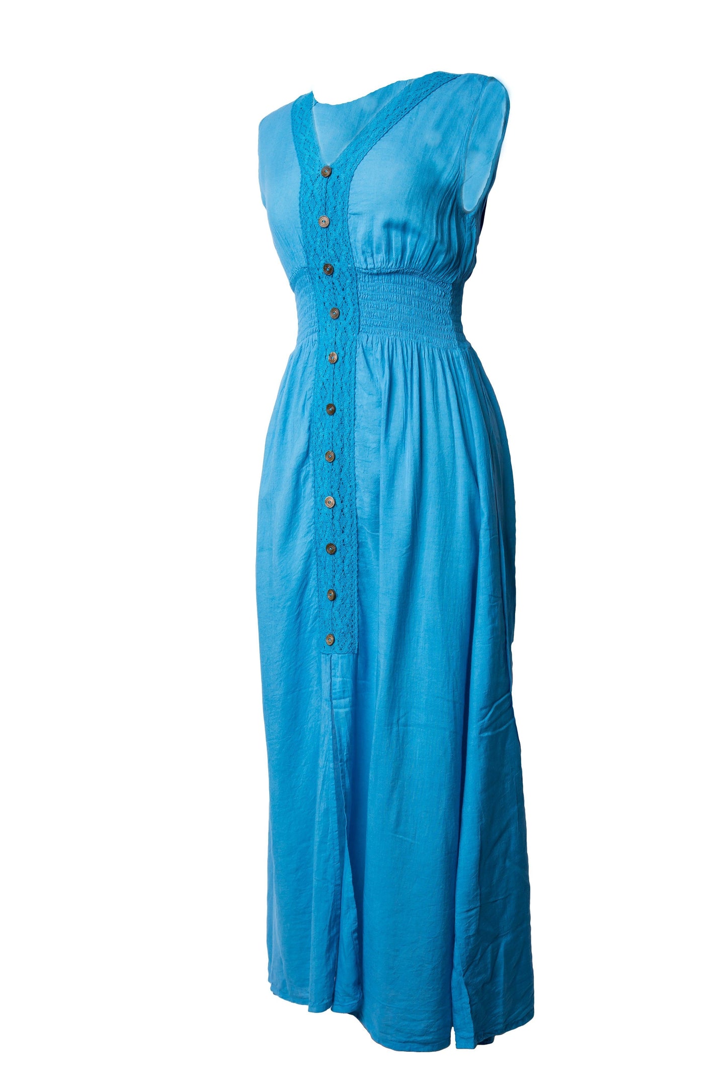 Cotton Maxi Dress Smocked Waist V Neck Wood Button - CCCollections