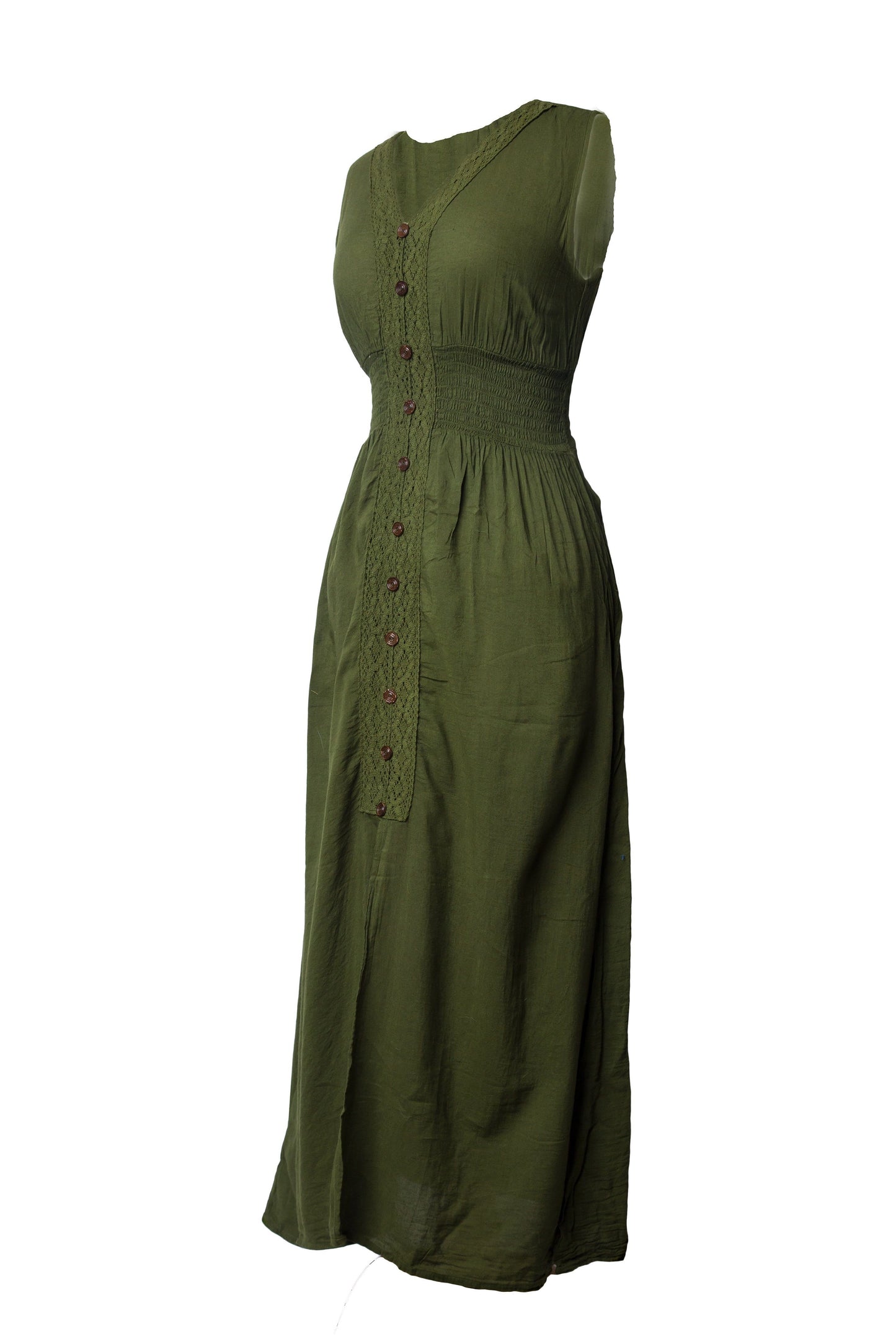 Cotton Maxi Dress Smocked Waist V Neck Wood Button - CCCollections