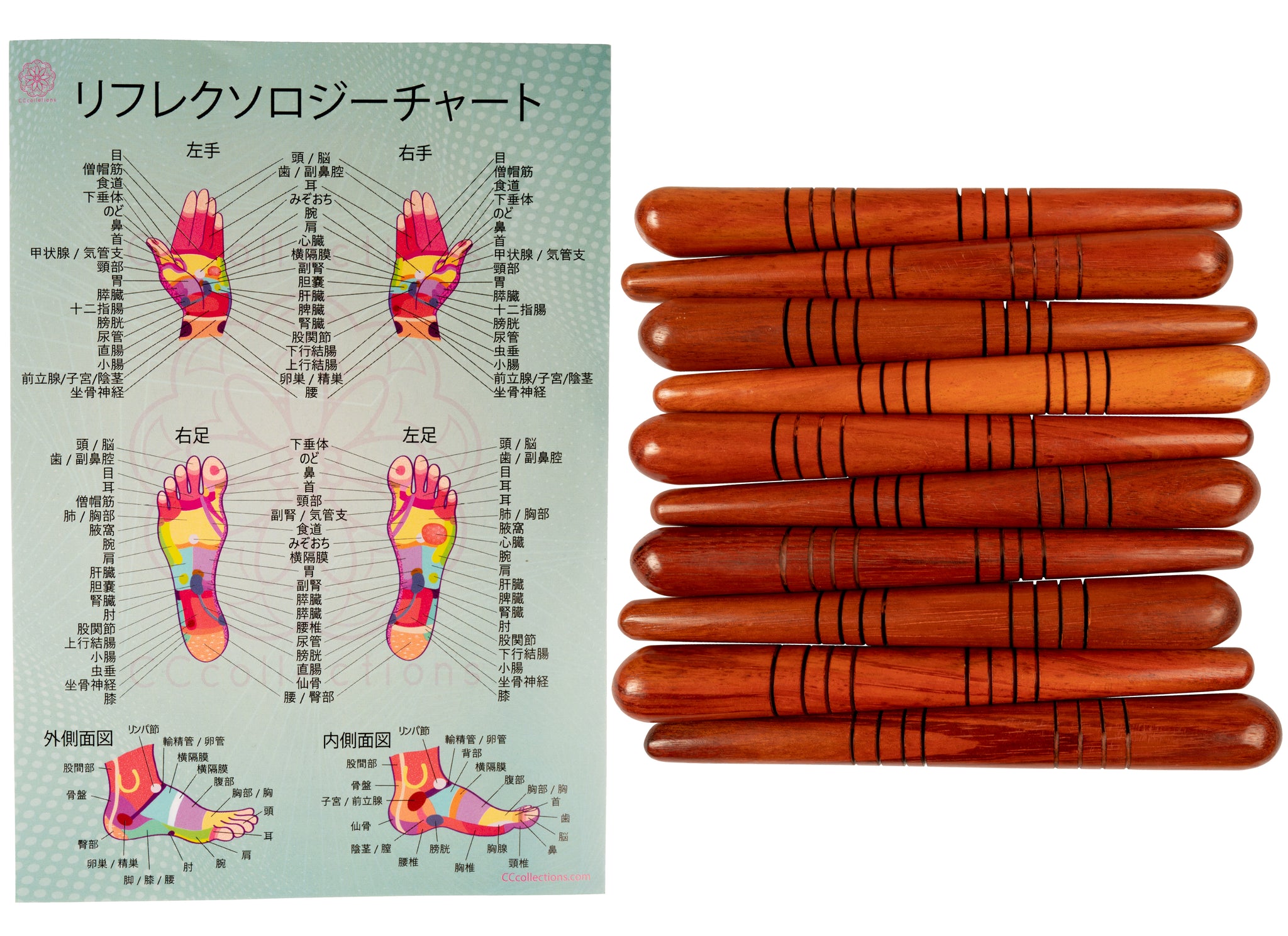 木製 プロフェッショナルマッサージ用品セット;リフレクソロジー図 マッサージスティック 木のマッサージ棒 - CCCollections
