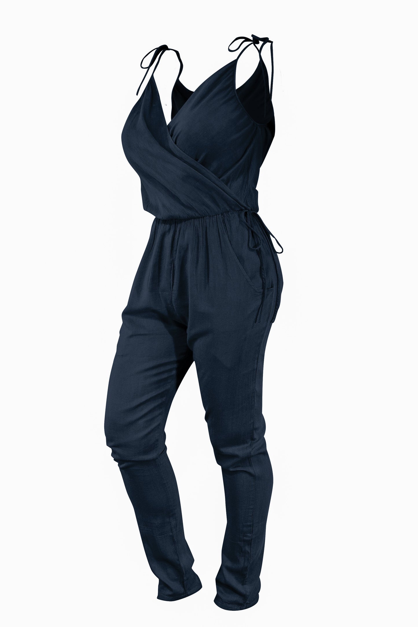 Cotton Jumpsuit Playsuit Strap Bow Tie Shoulder V Neck - CCCollections