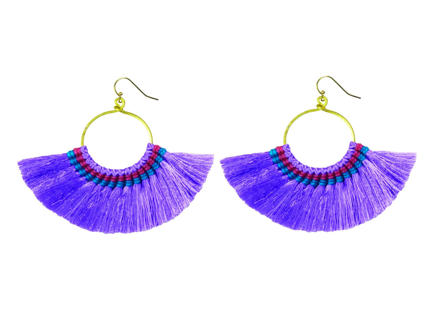 Handmade Earring Cotton Tassel Colourful Brass Loop Shape - CCCollections