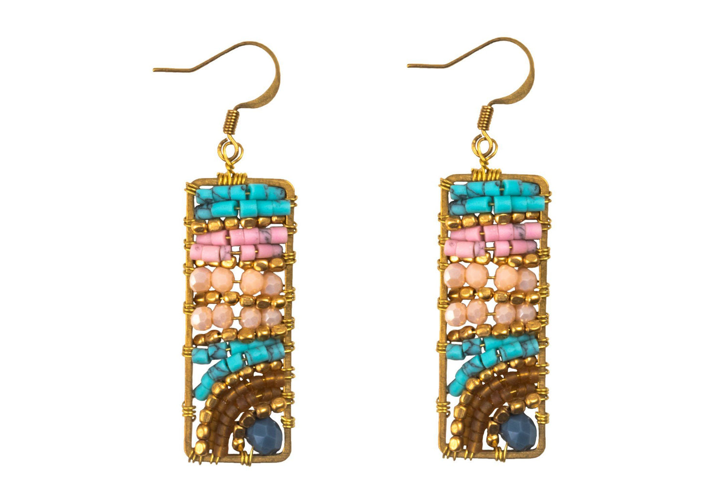 Handmade Drop Earring Brass Colourful Rectangle, Drop Tear and Leaves Shape with Crystal - CCCollections