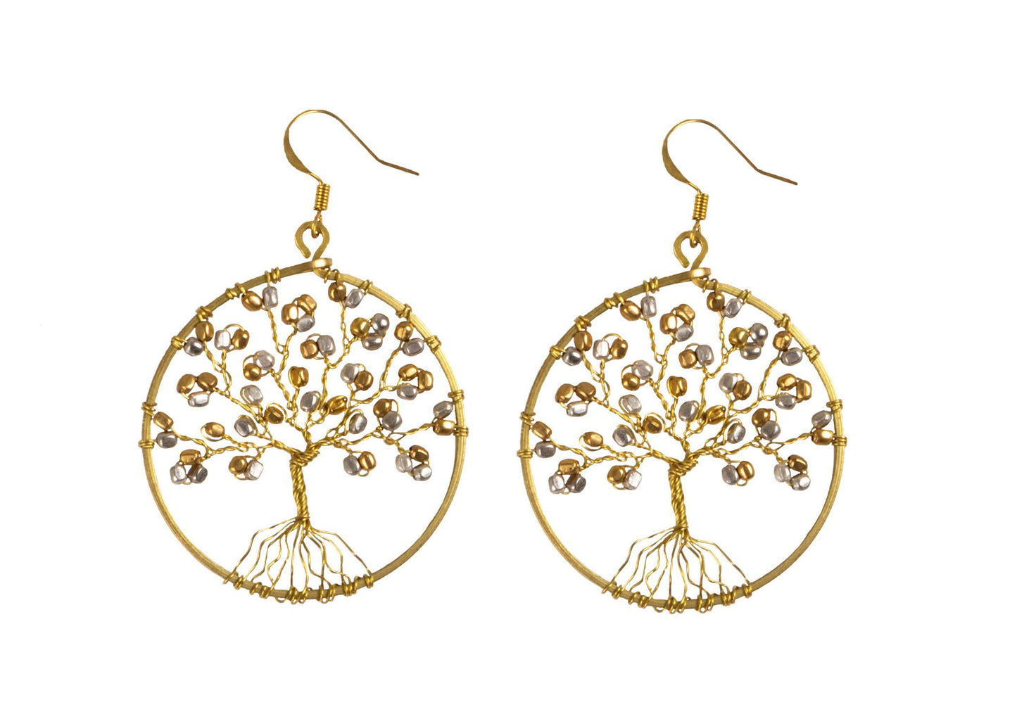 Handmade Earring Tree of Life Brass Circle Shape with Bead, Crystal and Stone - CCCollections