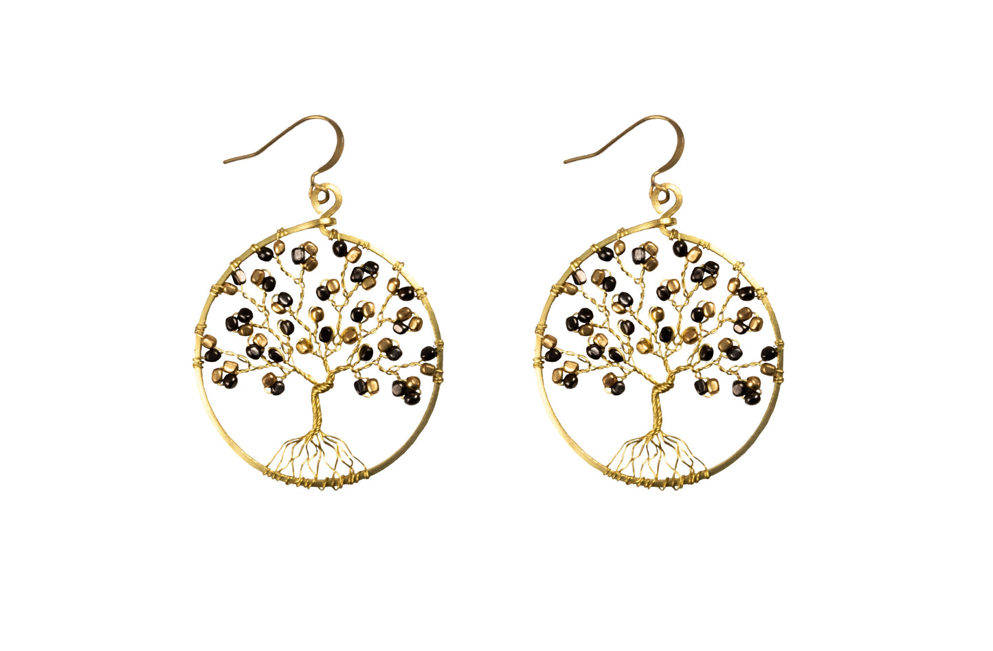 Handmade Earring Tree of Life Brass Circle Shape with Bead, Crystal and Stone - CCCollections