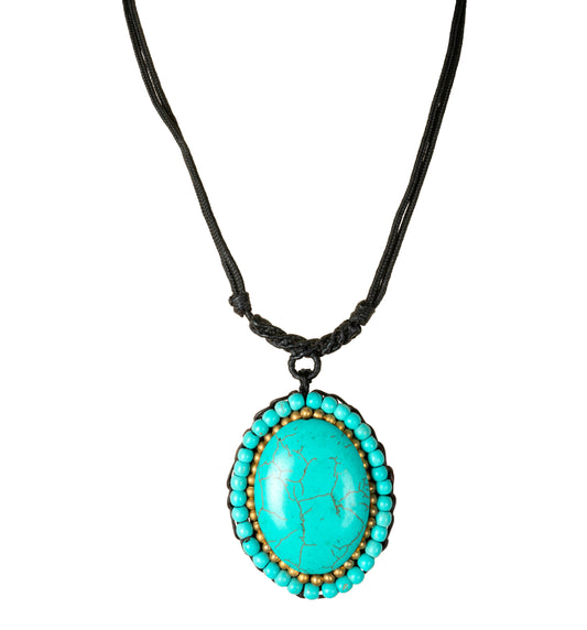 Nylon Necklace with Stone Oval Turquoise, Modern Boho Jewelry, Summer Fashion - CCCollections