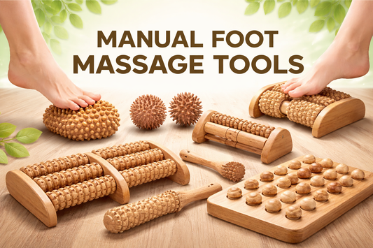 Wooden manual foot massage tools displayed on a natural wooden surface, featuring rollers, reflexology boards, and massage balls in warm wood tones.