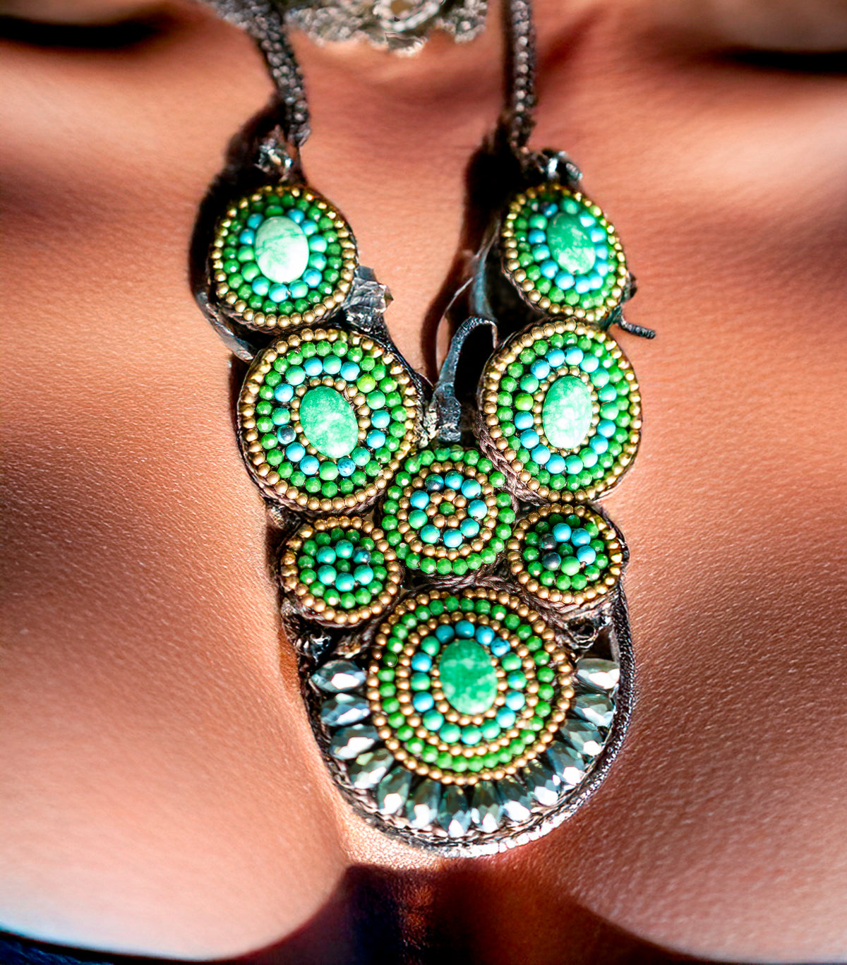 Large statement ethnic necklace with green natural stone for women
