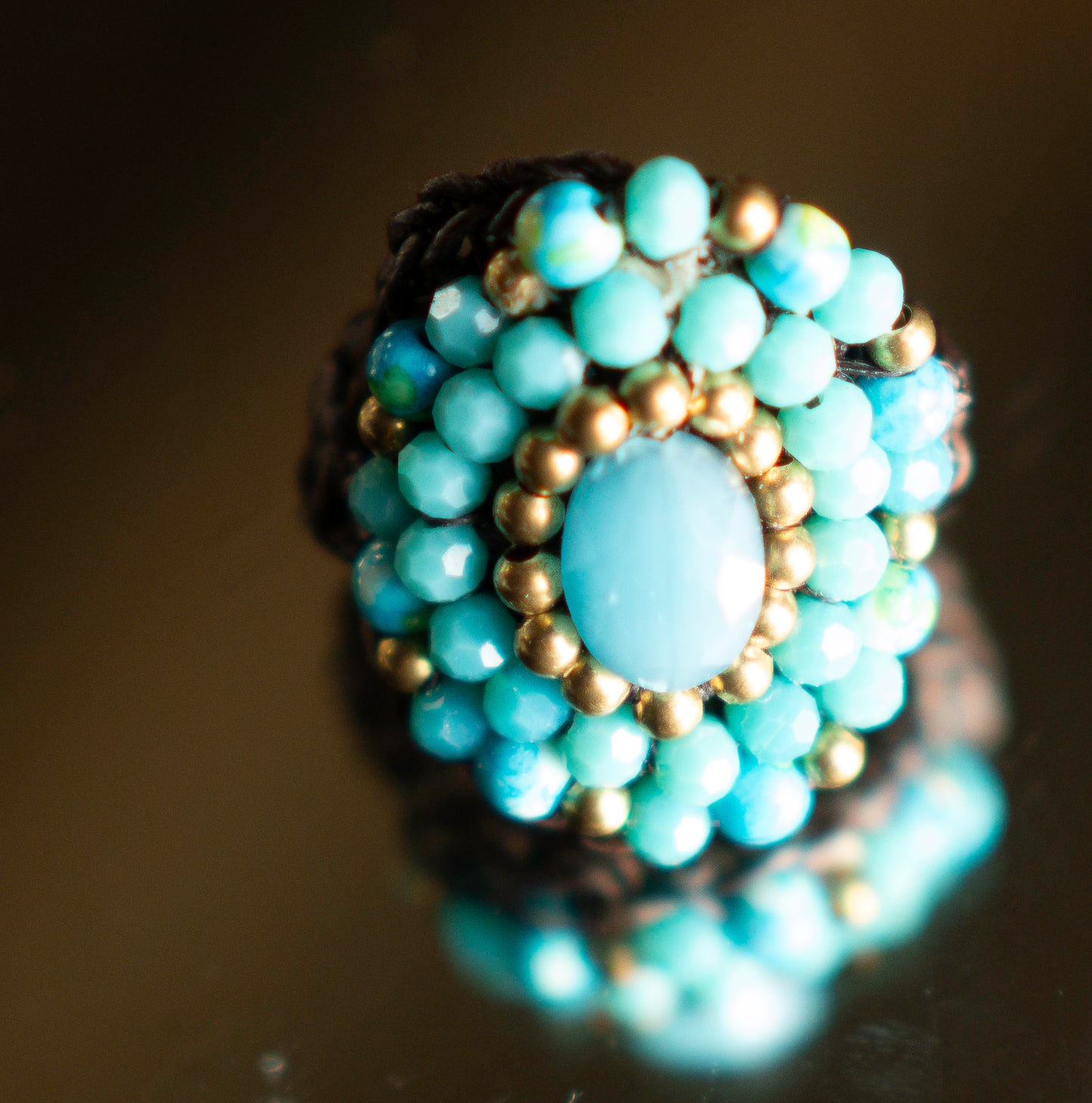 Macrame tribal ring with bronze, turquoise and moonstone – Cccollection