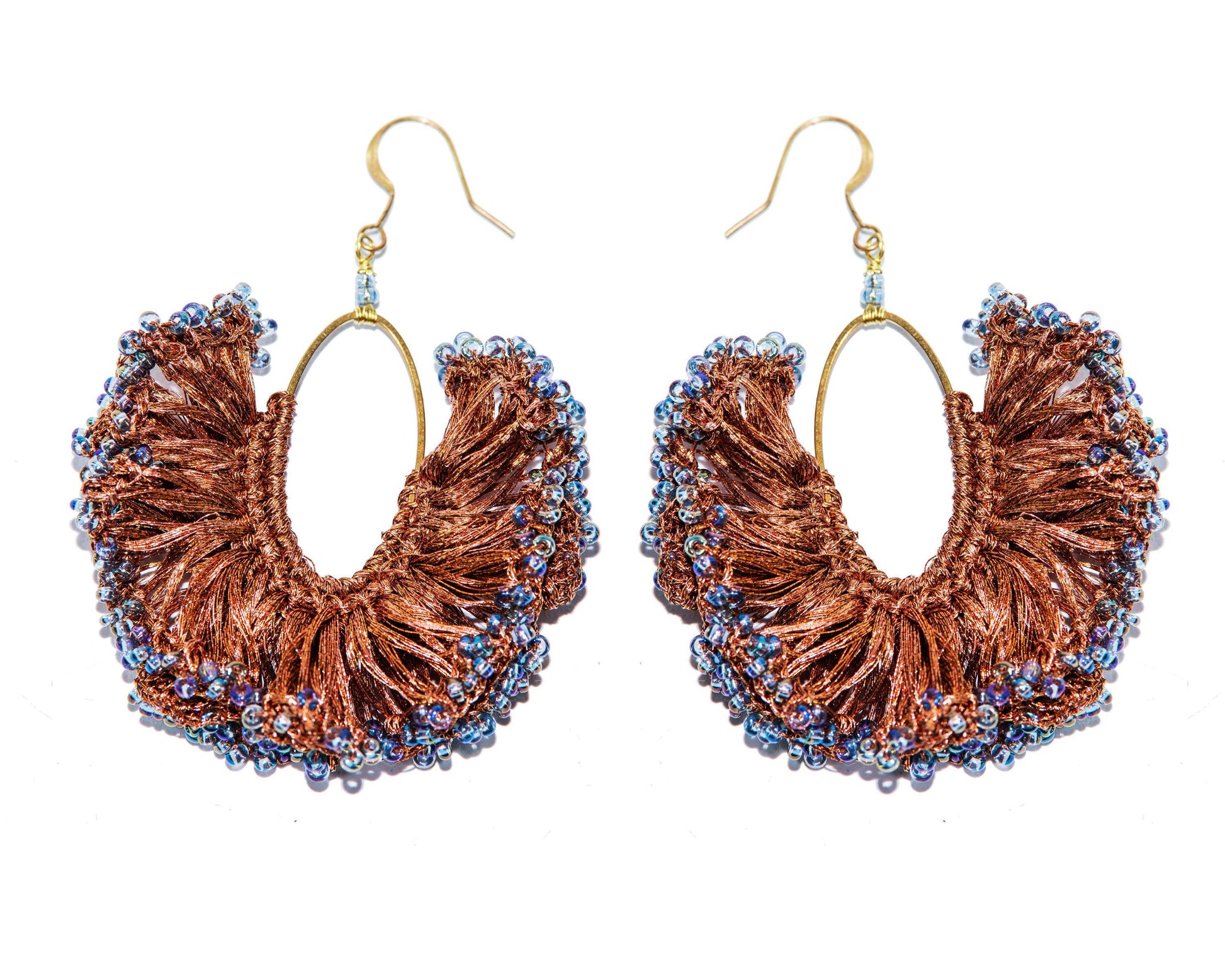 Handmade Earring Metallic Yarn Oval Shape with Bead - CCCollections