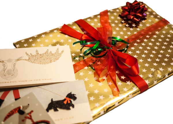 Gold Wrap with Festive Card, Tissue Paper +  Multi Ribbon - CCCollections