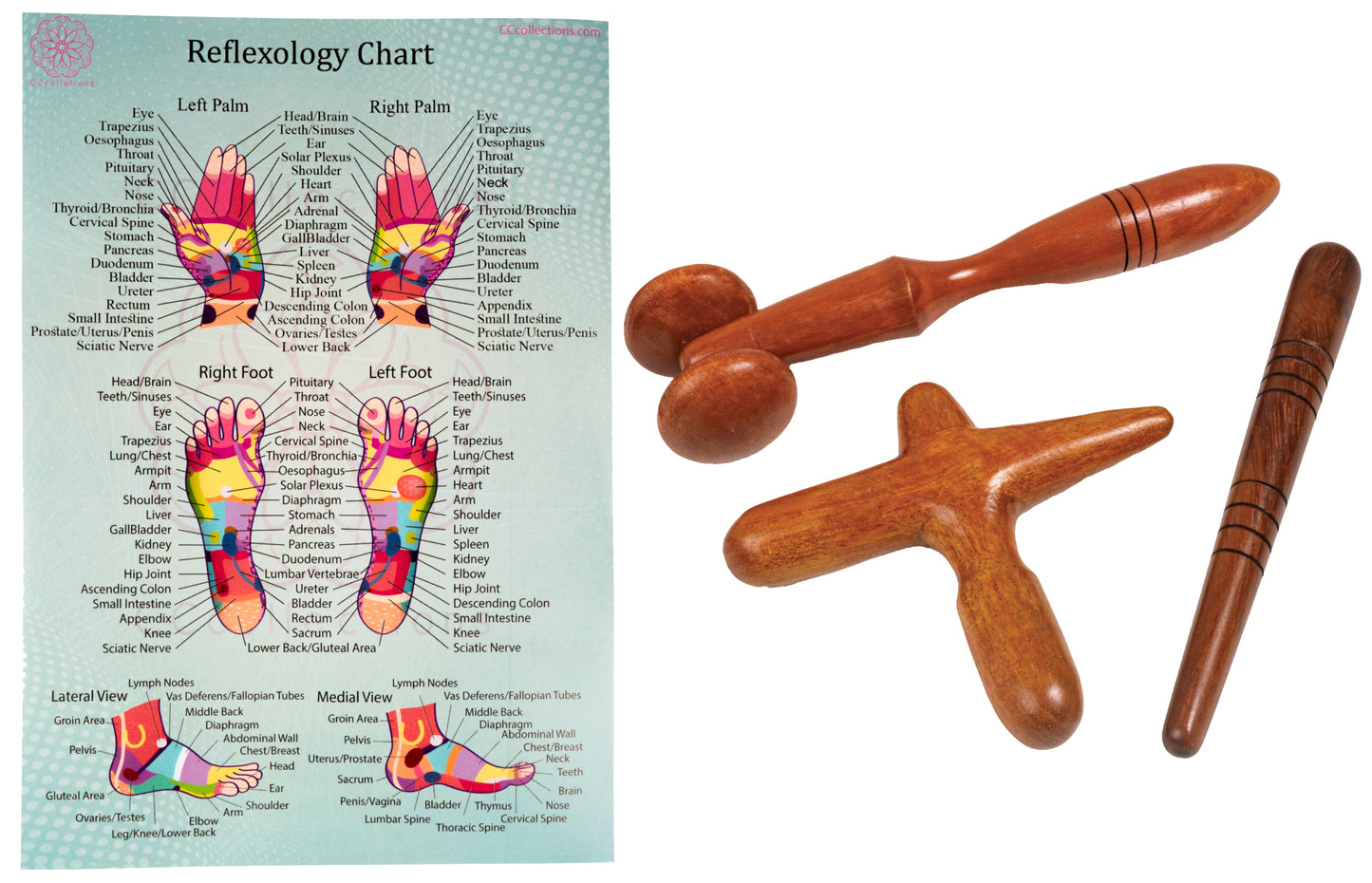 Versatile Wooden Manual Massage Tool Sets for professionals with ENGLISH Reflexology Charts - CCcollections - CCCollections