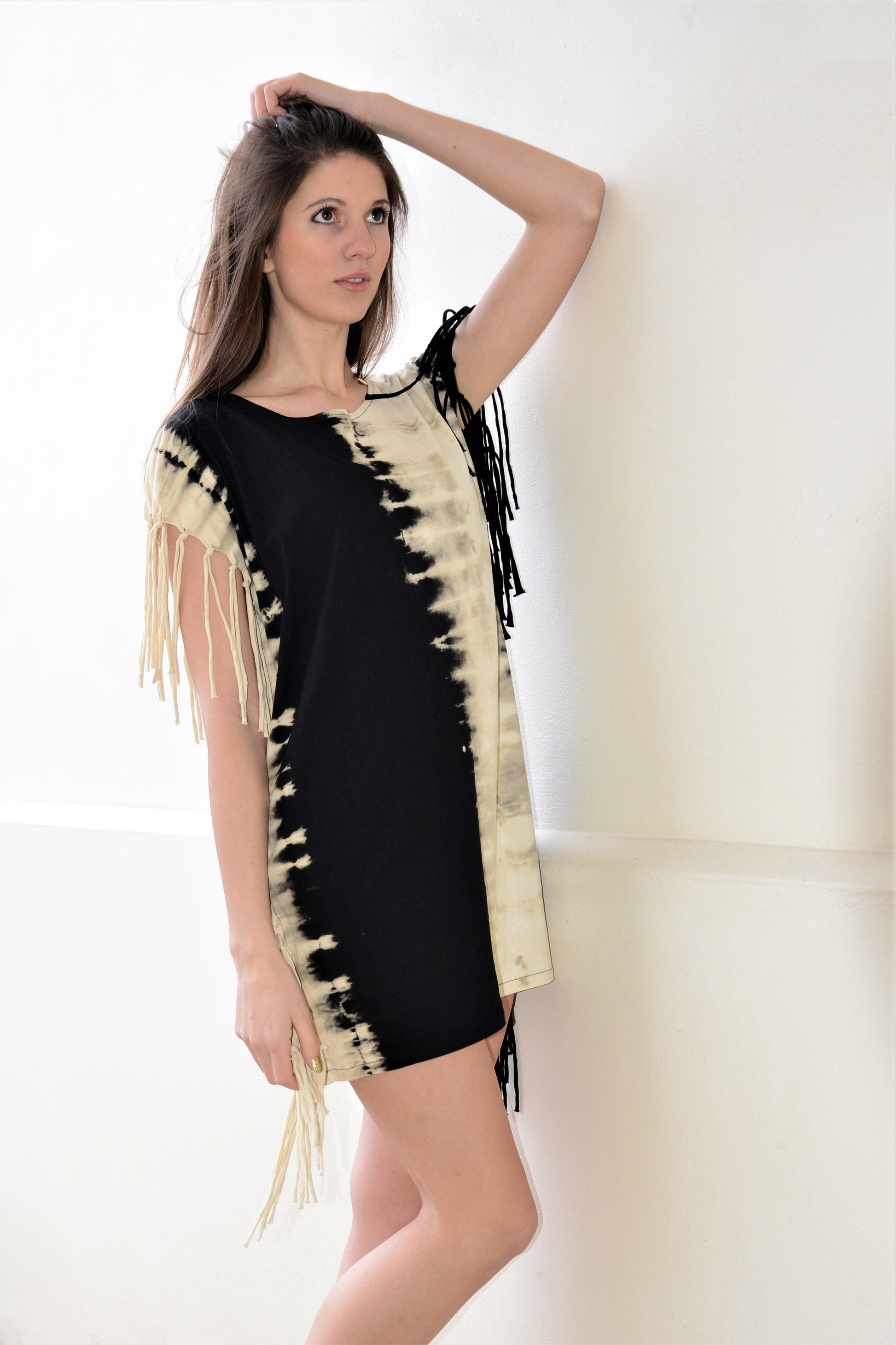Tie Dye Short Dress with Fringed Black & White - CCCollections