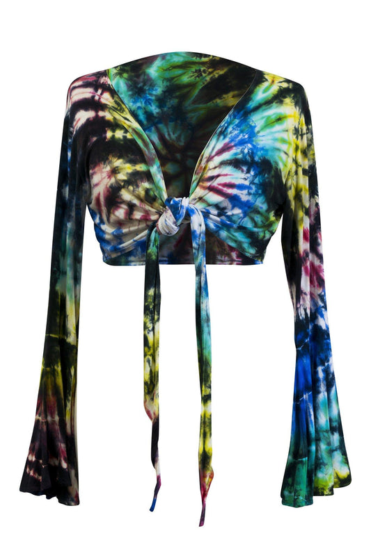 Tie Dye Crop Top Wrap Colourful Long Flare Sleeve Front Back Tied Cropped Top - CCCollections