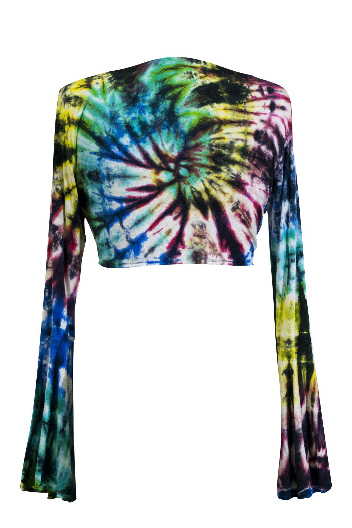 Tie Dye Crop Top Wrap Colourful Long Flare Sleeve Front Back Tied Cropped Top - CCCollections