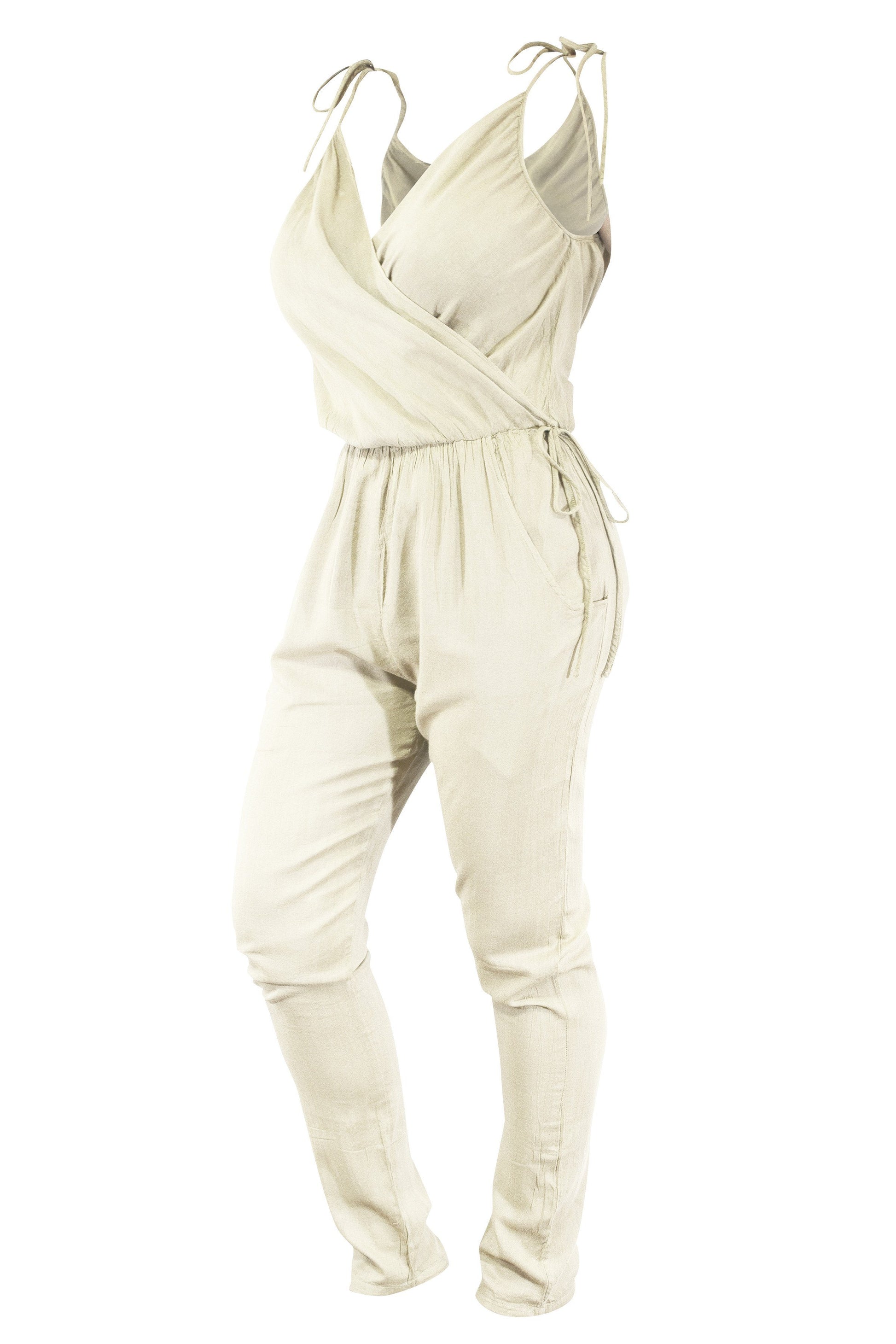 Cotton Jumpsuit Playsuit Strap Bow Tie Shoulder V Neck - CCCollections
