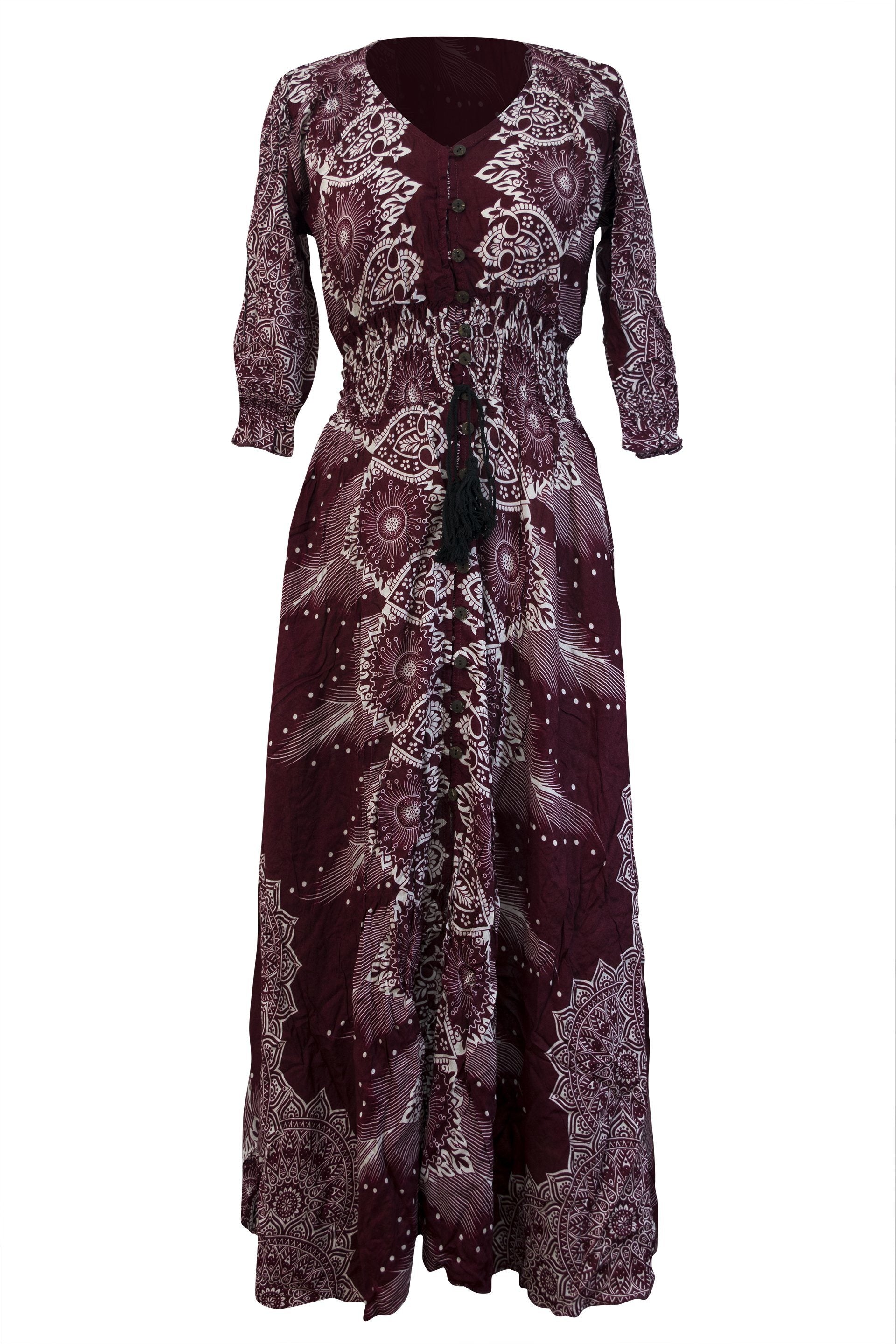 Printed Rayon Dress 3/4 Sleeve Mandala Casual Maxi Dress - CCCollections