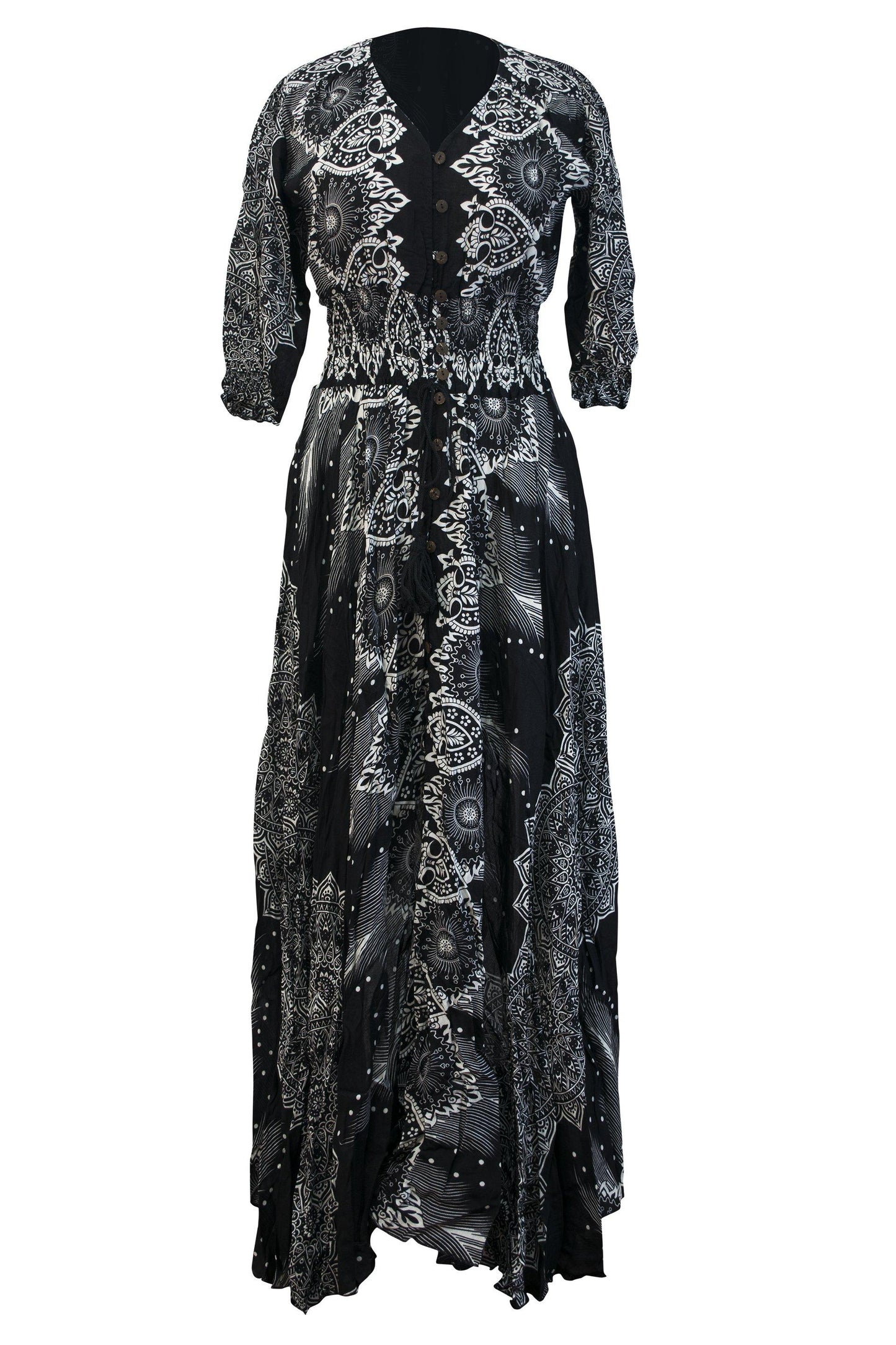 Printed Rayon Dress 3/4 Sleeve Mandala Casual Maxi Dress - CCCollections