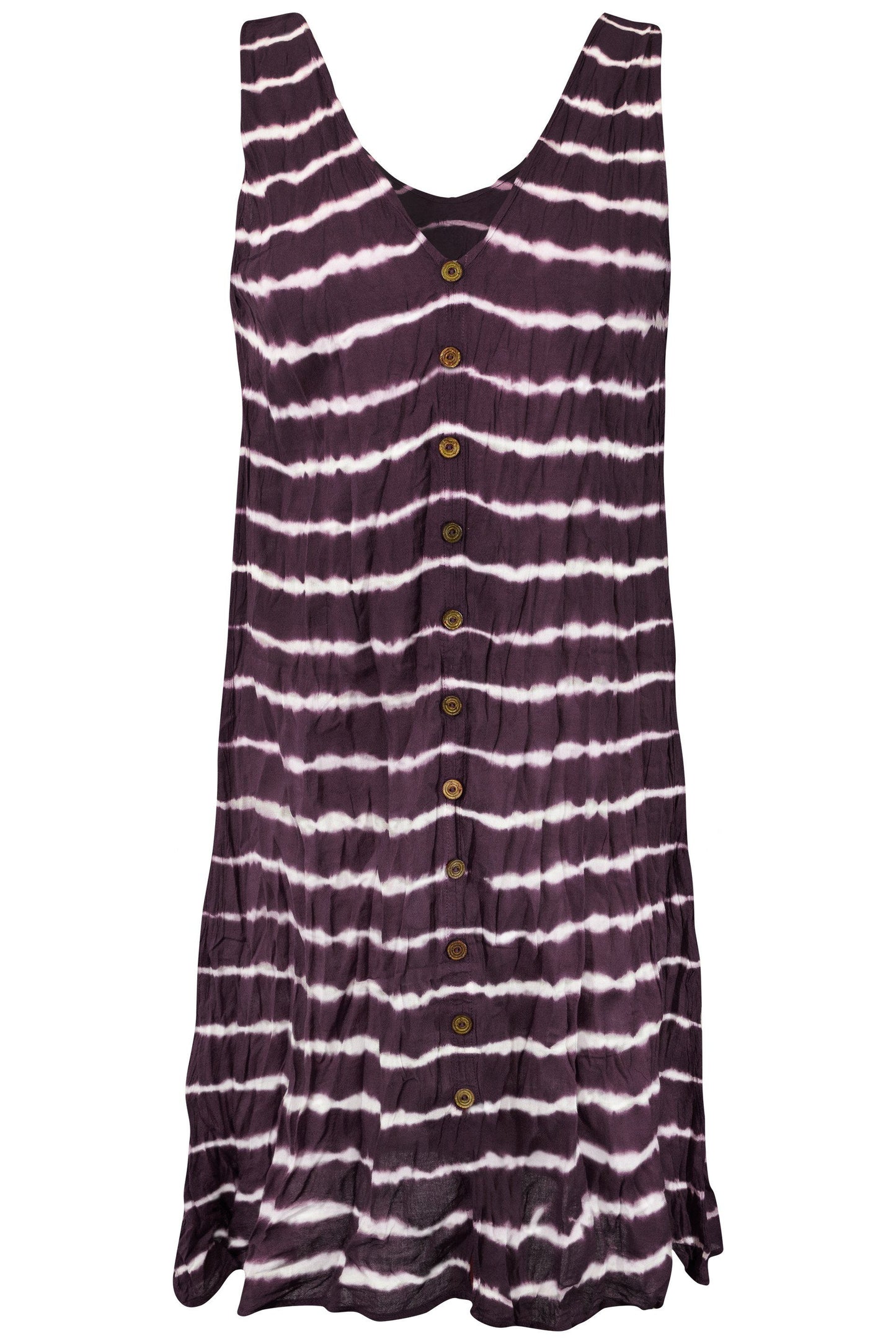 Cotton Sleeveless Tunic Dress Wood Button Stripe Tie Dye - CCCollections