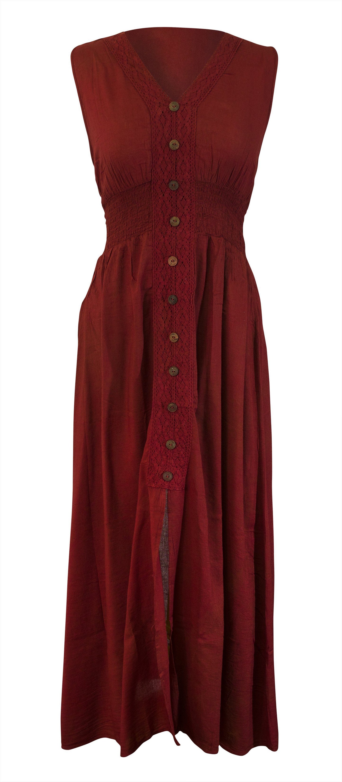 Cotton Maxi Dress Smocked Waist V Neck Wood Button - CCCollections