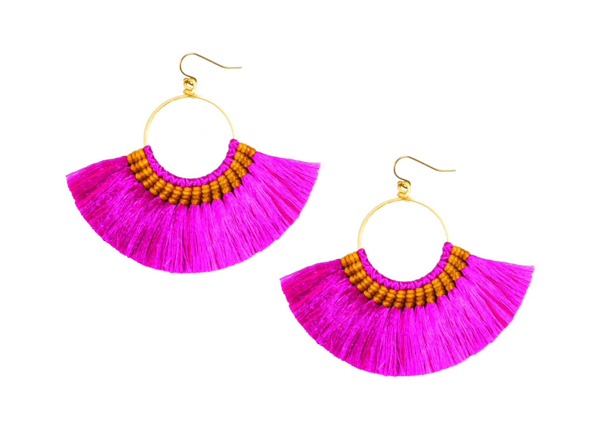 Handmade Earring Cotton Tassel Colourful Brass Loop Shape - CCCollections