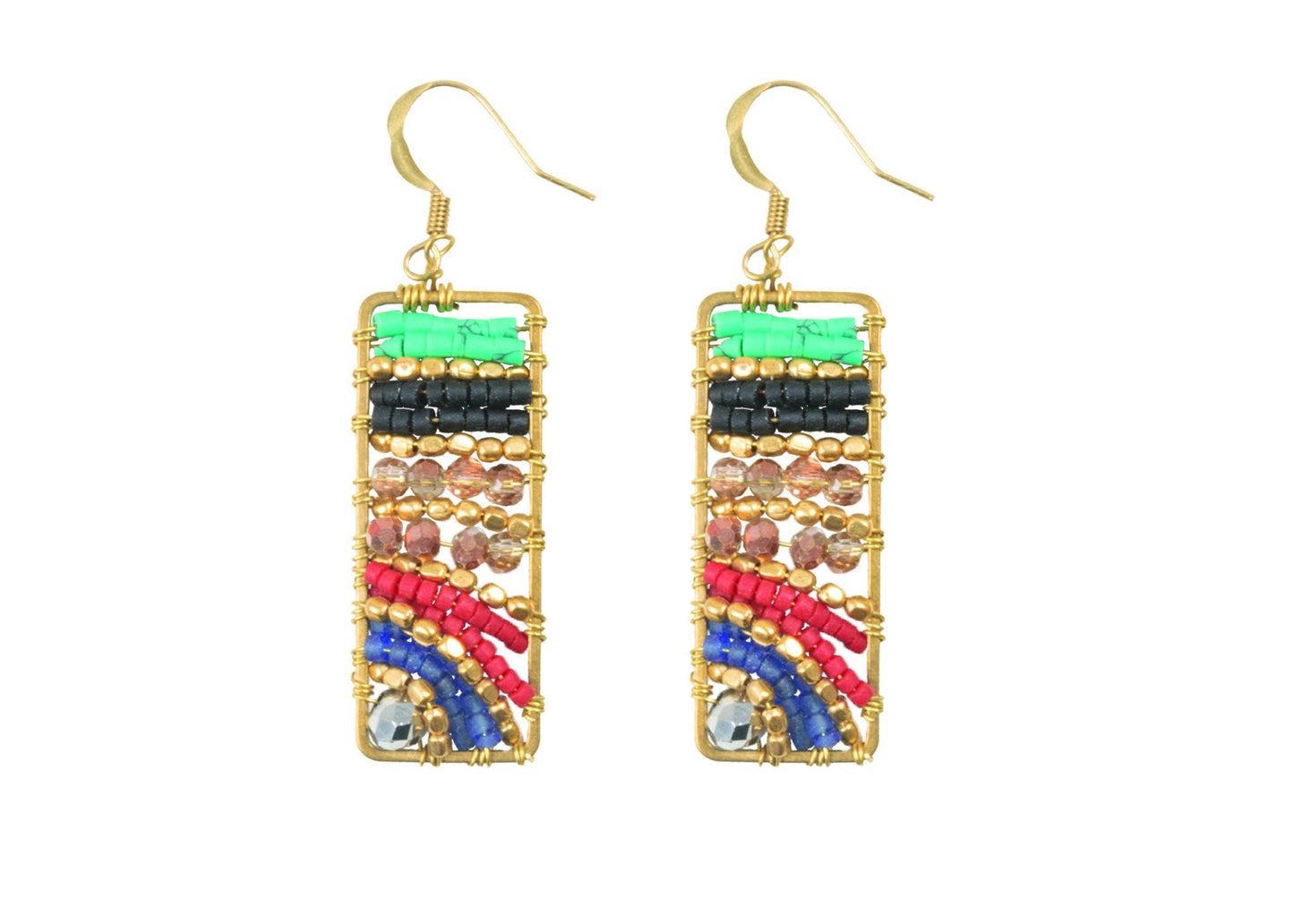 Handmade Drop Earring Brass Colourful Rectangle, Drop Tear and Leaves Shape with Crystal - CCCollections